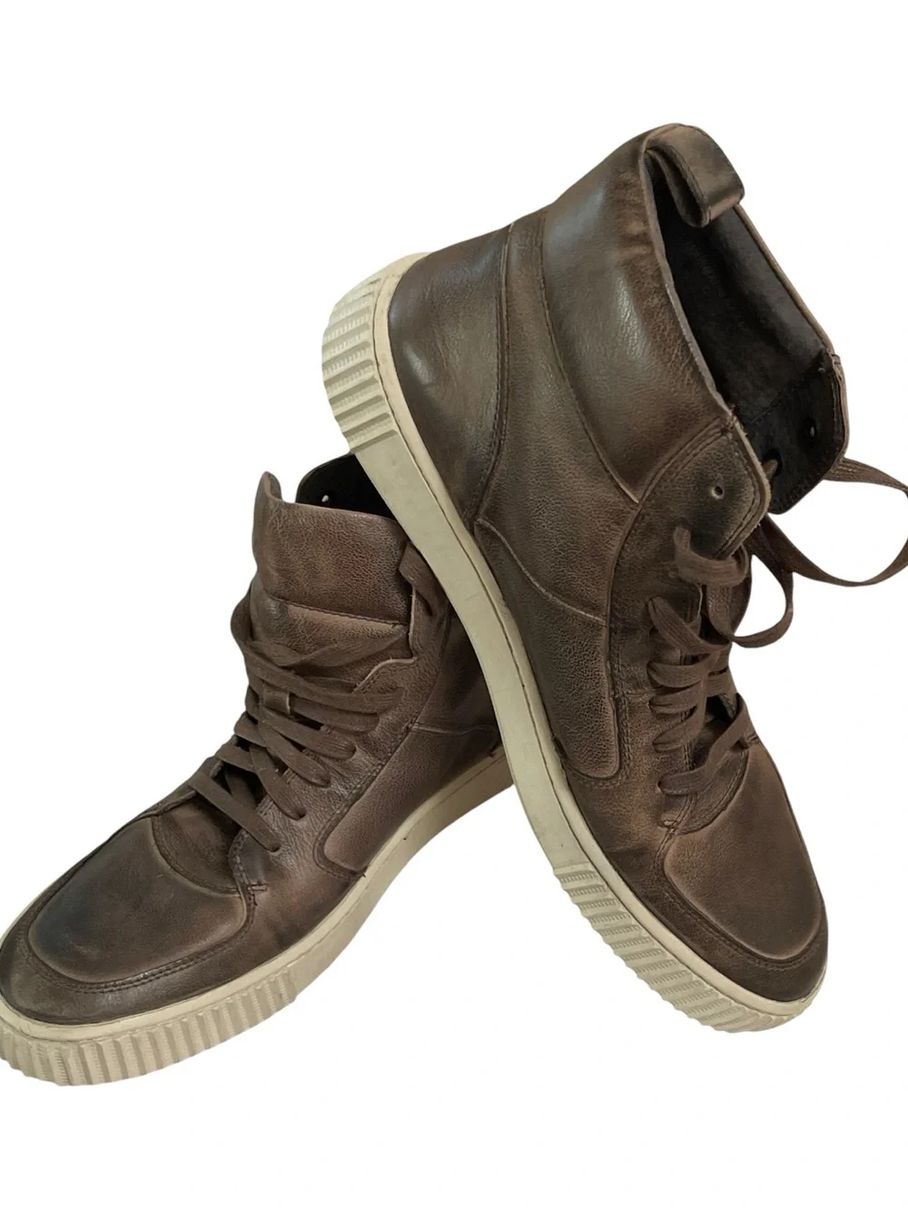 John Varvatos Brown Distress Leather High-Top Sneakers with Cream Sole.